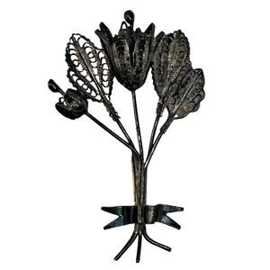 Antique Vtg Delicate Filigree .925 Silver Flower Leaf Bouquet Brooch Pin C Clasp